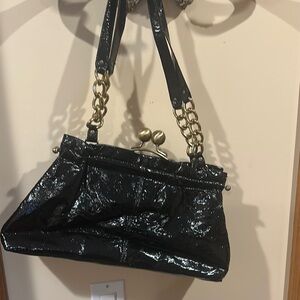 Glossy Black Shoulder Bag with Gold Chain Strap